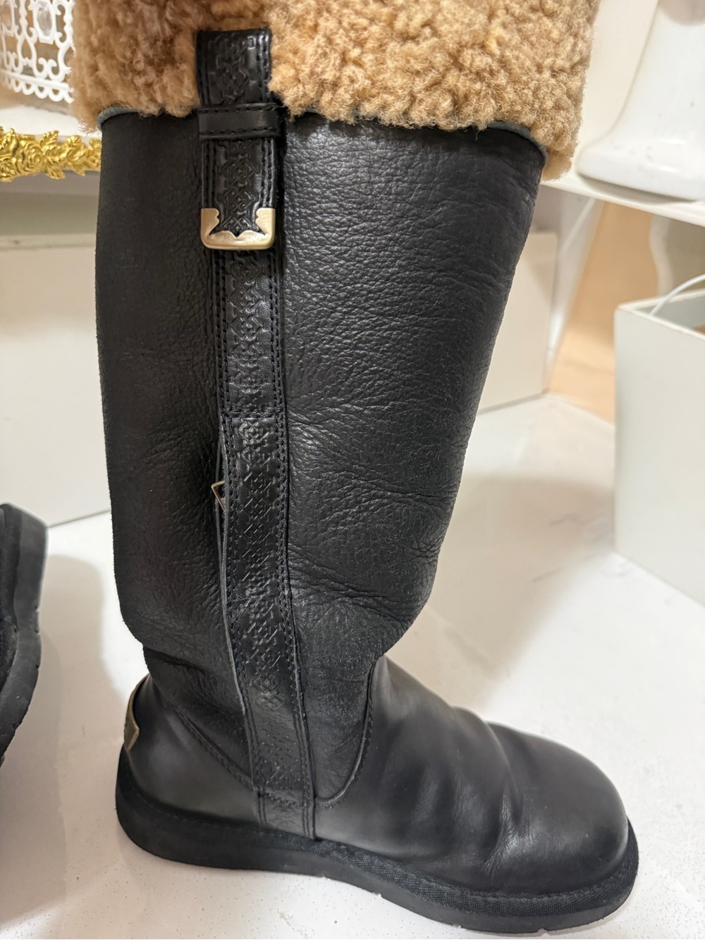UGG Black Leather Tall Boot with Chestnut Shearling Cuff - Picture 12 of 16